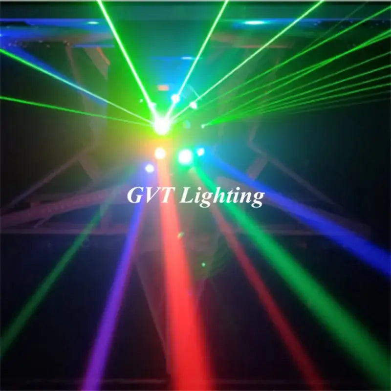Geometric black moving head light with vibrant green red and blue beam strobe for dynamic party room lighting