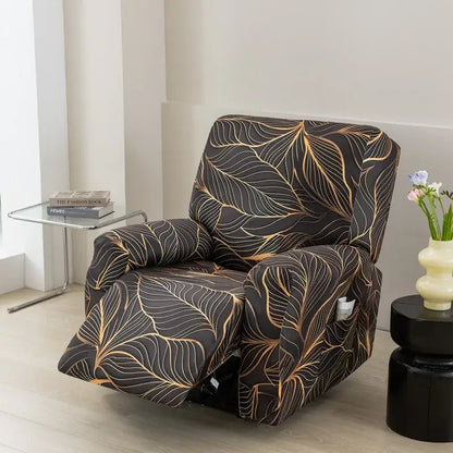 Black recliner chair with sleek stretchy fabric cover featuring an elegant gold leaf pattern for living room use