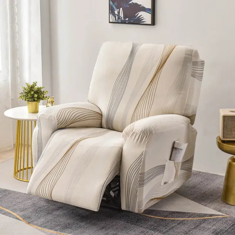 Cream-colored recliner chair with gray and gold curved stripes in soft fabric featuring a modern abstract pattern