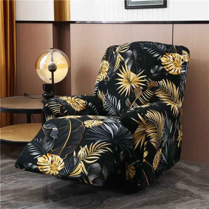 Black and gold tropical leaf patterned stretch chair cover for living room recliner with geometric black and red design