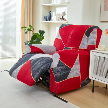 Geometric black red gray and white stretch fabric recliner cover with a geometric pattern for living room use