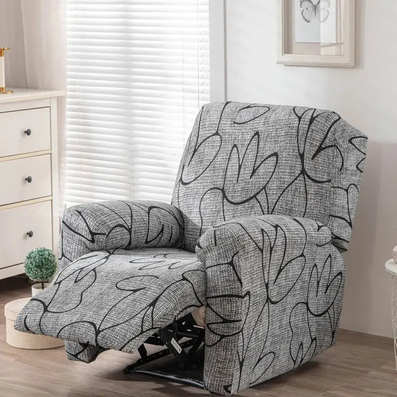 Gray and black abstract leaf-patterned stretch fabric recliner cover for living room chair protection