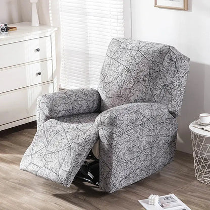 Gray and black geometric-patterned stretch fabric recliner cover designed for living room use