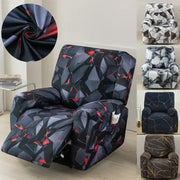 Geometric black and red stretch recliner cover with glossy fabric texture for living room seating protection