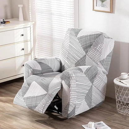 Black and white geometric-patterned stretch recliner cover designed for living room use
