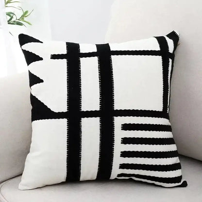 Black and white geometric grid cushion cover made of decorbites embroidered burlap for living room decor