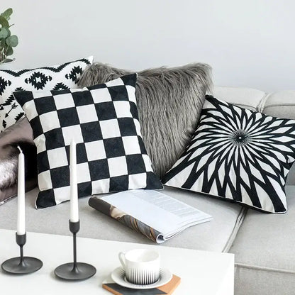 Geometric black and white embroidered cushion cover with a textured faux suede finish for living room decorbites decor