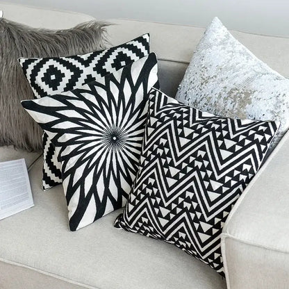 Black white embroidered geometric cushion cover with bold high contrast patterns for decorbites living room decor