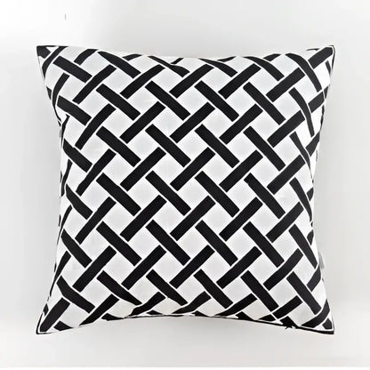 Geometric black white embroidered cushion cover with woven patterned design for living room decorbites black white decor