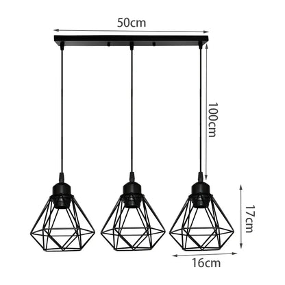 Geometric black iron frame pendant chandelier with three diamond-shaped cages for dining room decorbites iron frame