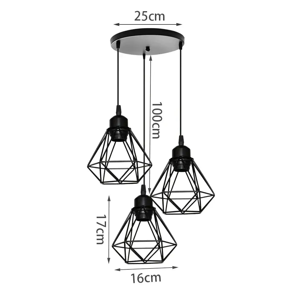 Black metal geometric decorbites iron frame pendant chandelier with three diamond-shaped shades for dining room decor