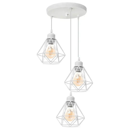White geometric iron frame pendant chandelier with three diamond-shaped cages and warm filament bulbs for dining room decorbites iron frame