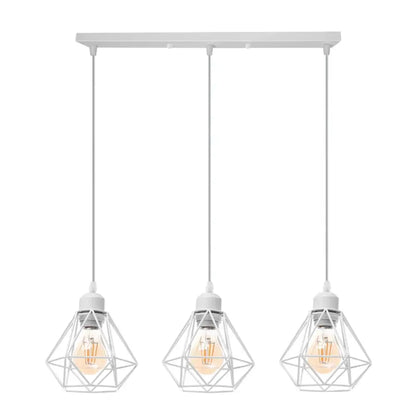 White geometric iron frame pendant chandelier with three edison bulbs in wire cage shades for dining room decorbites iron frame