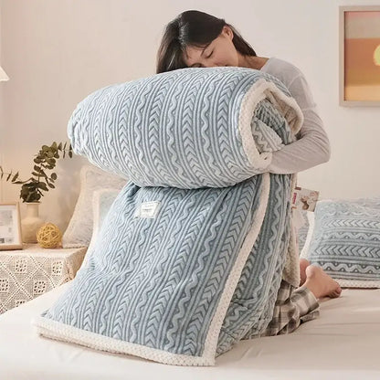 Light blue knitted throw blanket with plush white coral fleece flannel lining for warm bedroom decorbites coral fleece