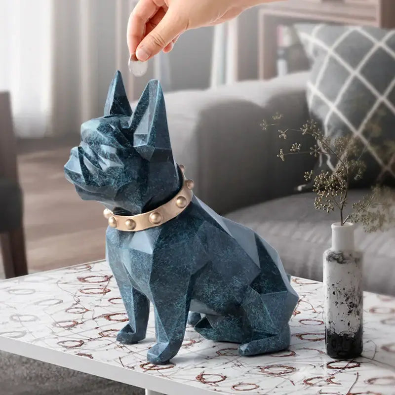 Blue geometric french bulldog coin bank with gold studded collar for decorbites french bulldog bedroom decor