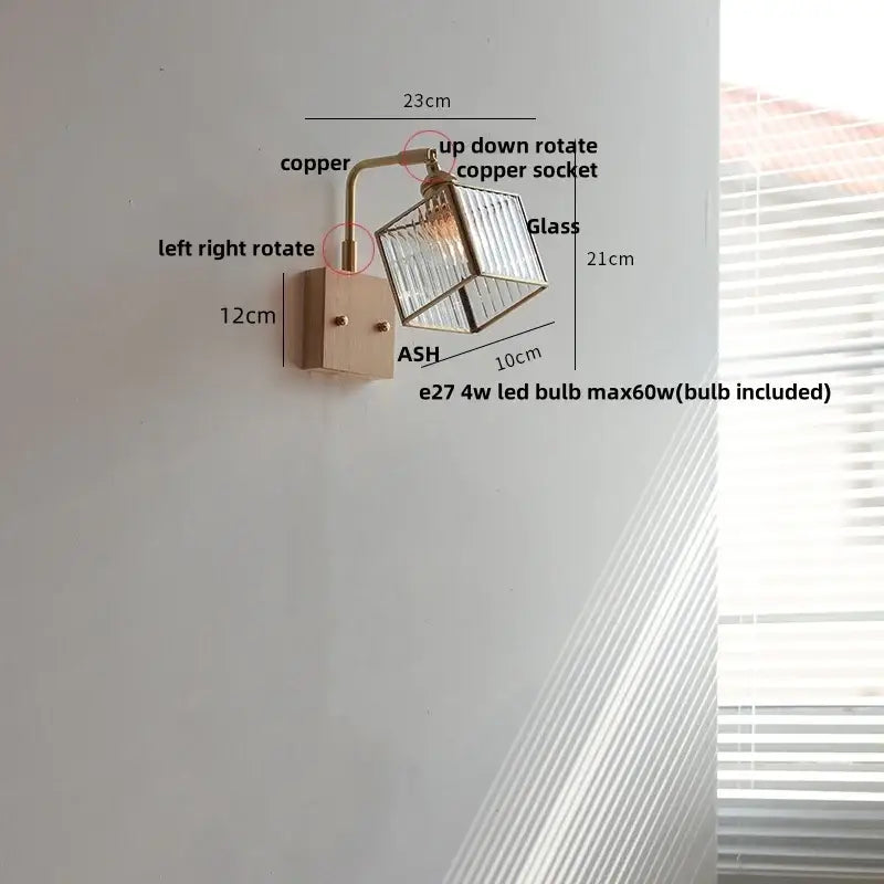 Copper and wood wall light with clear glass cube shade from decorbites brass led wall lighting collection for dining room