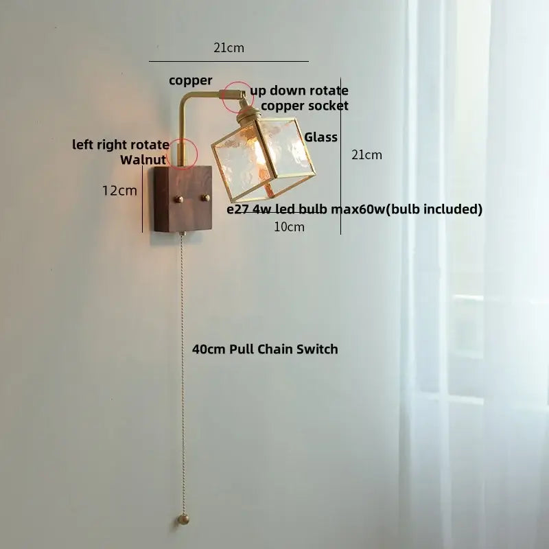 Copper and walnut wall light with a glass cube shade featuring decorbites brass led for dining room decor