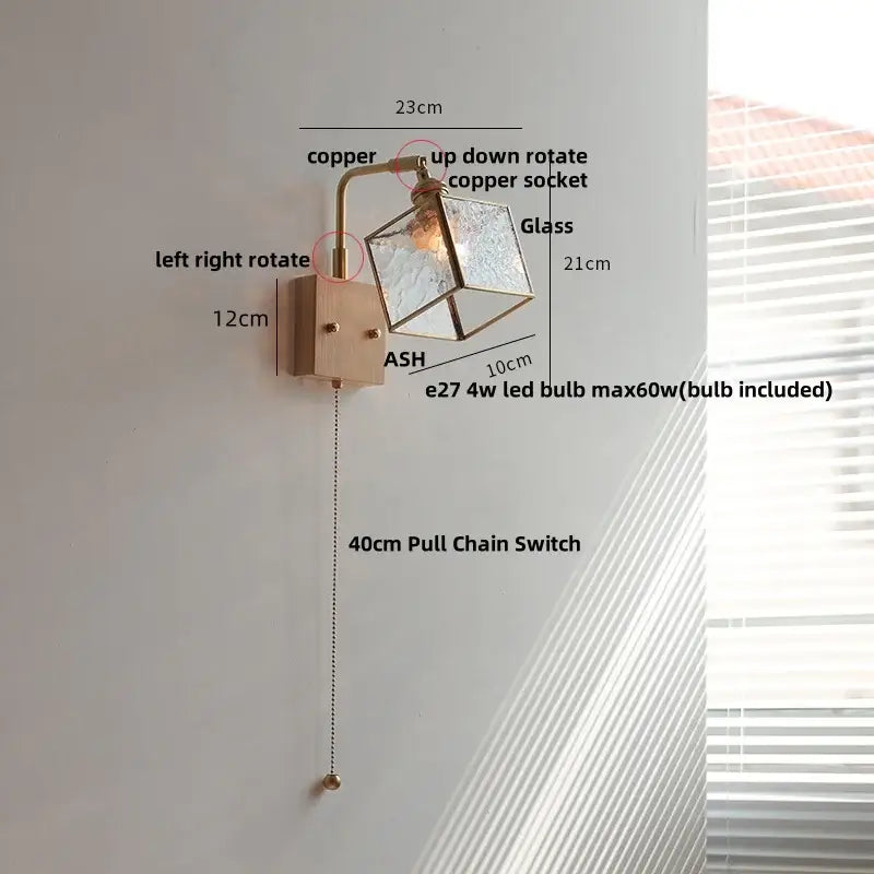 Copper-finished decorbites brass led wall light with geometric blue glass shade and adjustable pull chain switch