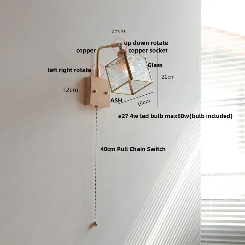 A modern brass led wall light with copper and ash wood and a geometric blue glass shade for dining room decorbites brass led