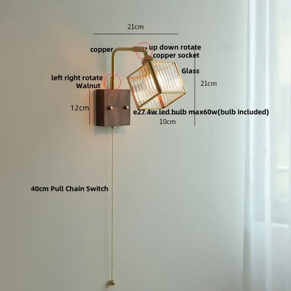 A rustic wall light with walnut base copper arm and faceted glass cube shade decorbites brass led wall fixture