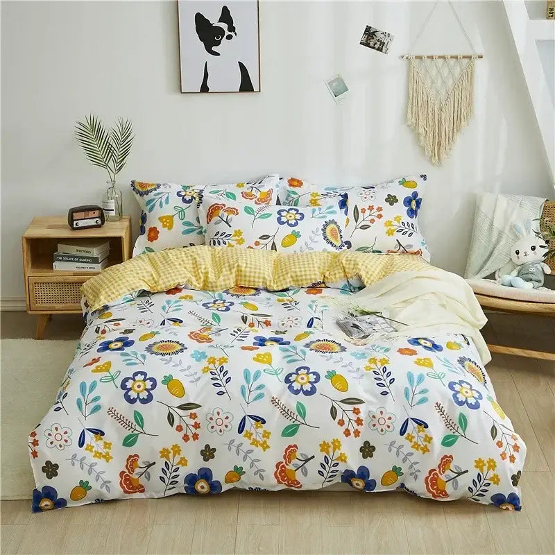 White king size duvet set with vibrant blue yellow orange and green floral pattern by decorbites cartoon king