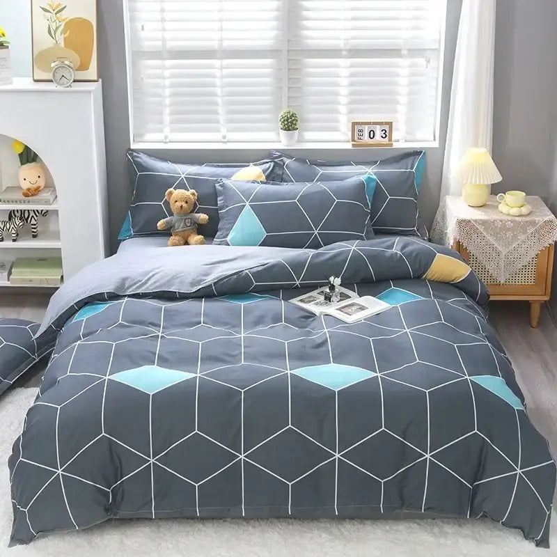 King size duvet set with gray and teal geometric pattern and white lines for decorbites cartoon king bedding