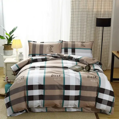 Plaid king size duvet set with beige black and teal stripes and best wishes text for decorbites cartoon king bedding