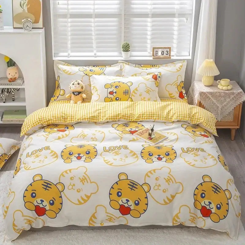 Geometric blue and white king size duvet set featuring yellow and white tiger-themed cartoon decorbites king bedding