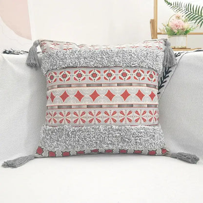 Cozy gray and red geometric bohemian pillow case with fluffy gray tassels for decorbites geometric bohemian decor