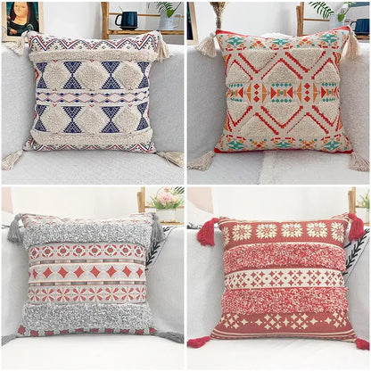 Tasselled throw pillow case with geometric bohemian pattern in mustard yellow textured fabric for living room decorbites geometric bohemian pillow