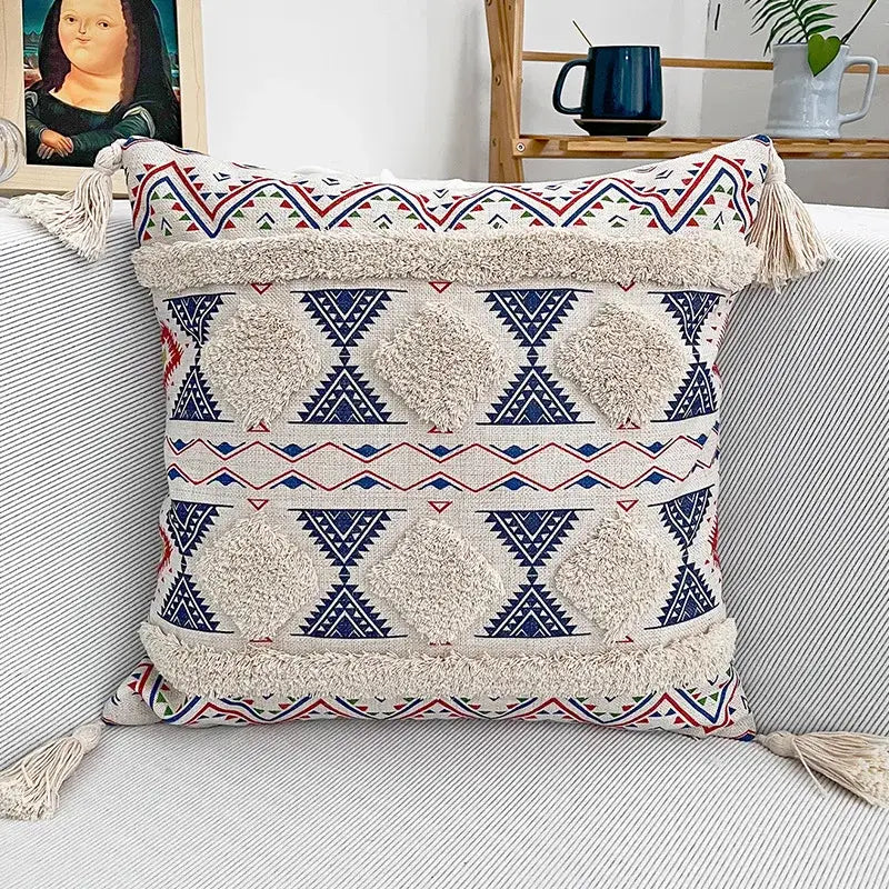 Beige and navy blue geometric bohemian pillow case with textured mustard yellow tassels for living room decorbites decor