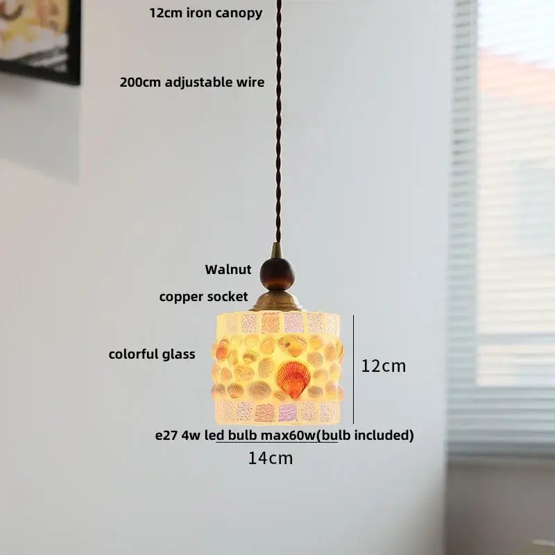 A 12cm pendant light with colorful glass mosaic and seashells, clear glass led, walnut copper socket decorbites clear glass