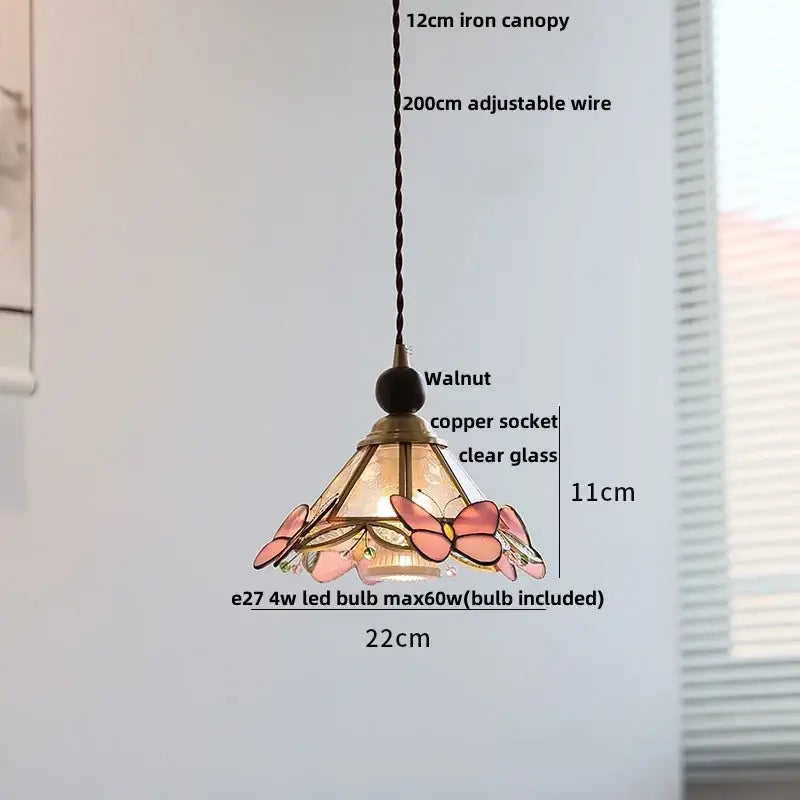 Delicate tiffany-style pendant light with pink stained glass butterflies walnut canopy and copper accents decorbites clear glass led