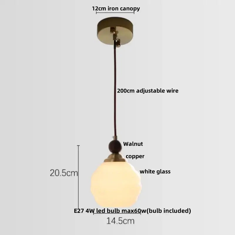 Geometric brass pendant light with warm-toned white glass globe and walnut copper finial for dining room decorbites clear glass led