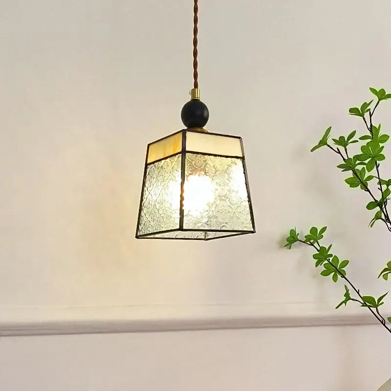 Geometric brass and clear glass led pendant light with textured panels for dining room decorbites clear glass style