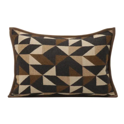 Rectangular throw pillow with a geometric brown leather splicing pattern of black beige and brown triangles for decorbites decor