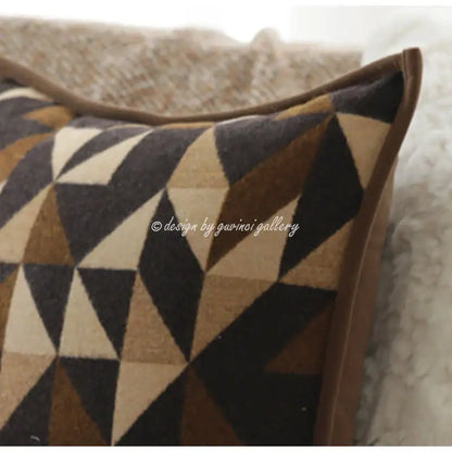 Rectangular throw pillow cover with geometric brown leather splicing and interlocking triangle pattern for living room decorbites geometric brown