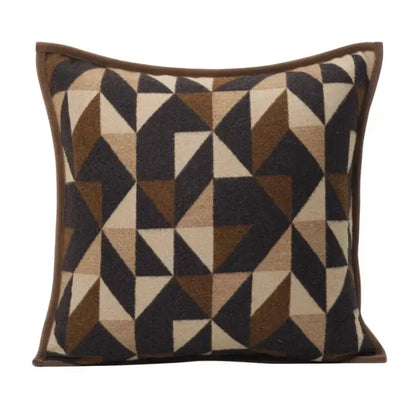 Square throw pillow with geometric brown leather splicing and interlocking triangle pattern for living room decorbites geometric brown