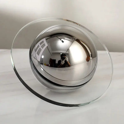 Shiny chrome-finished spherical mirror crystal ball with clear glass base geometric butterfly home decor for living room