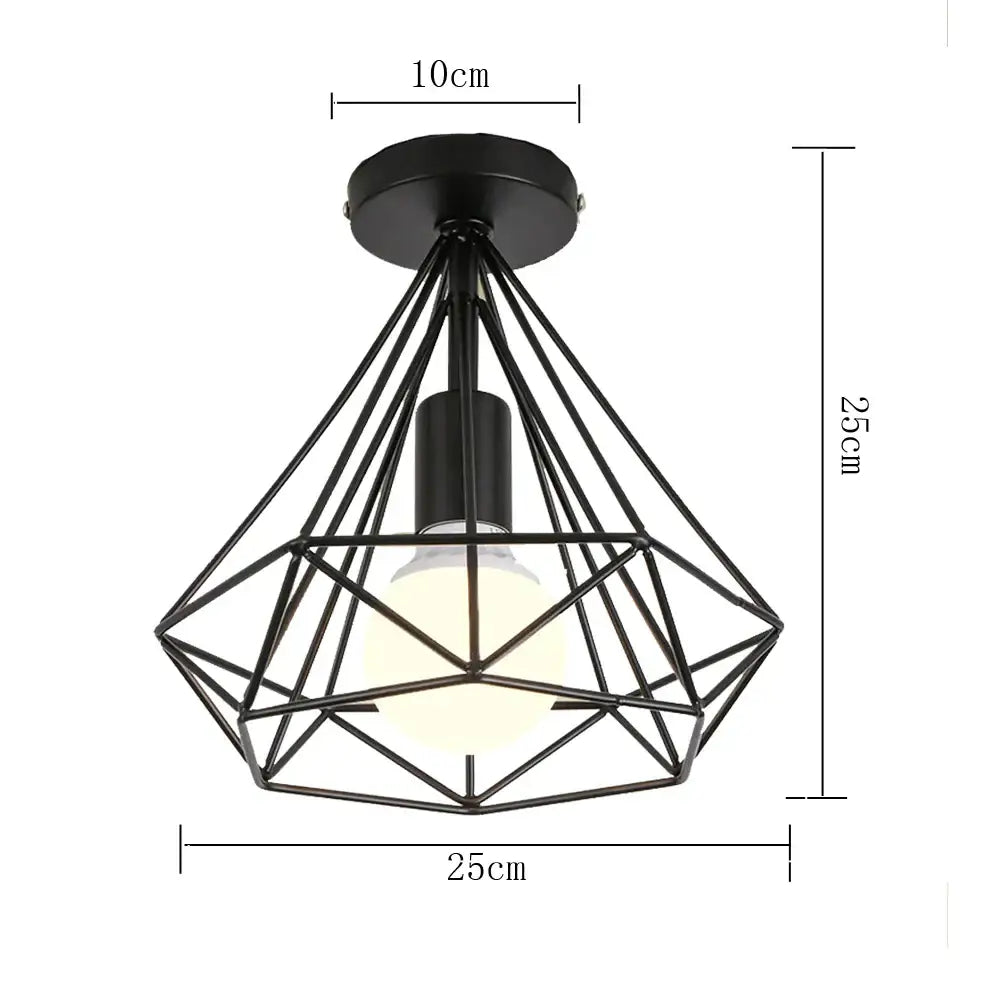 Black metal geometric cage iron ceiling light fixture with diamond shape and exposed central bulb for dining room