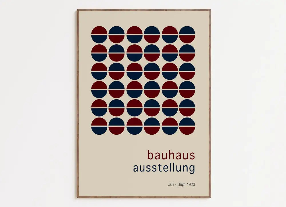 Beige decorbites™ bauhaus geometric canvas print featuring a grid of red and navy halved circles in light wood frame for home decor