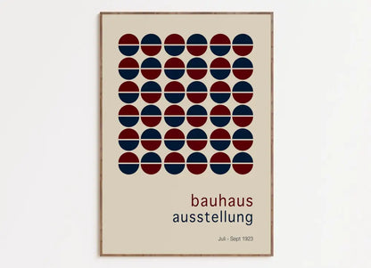 Beige decorbites™ bauhaus geometric canvas print featuring red and navy blue halved circles framed in light wood