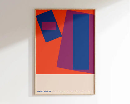 A framed decorbites™ bauhaus geometric canvas print with bold orange blue and magenta shapes on a cream border