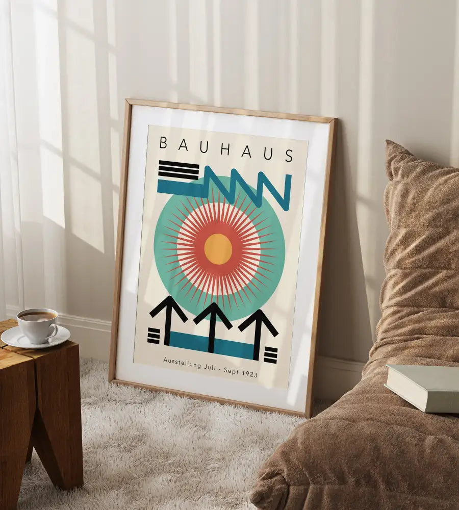 A framed decorbites™ bauhaus geometric canvas print featuring bold blue teal and orange colors for home decor