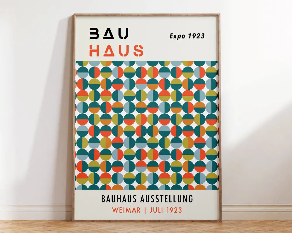 A framed DecorBites™ bauhaus geometric canvas print with teal orange and yellow overlapping circles for home decor