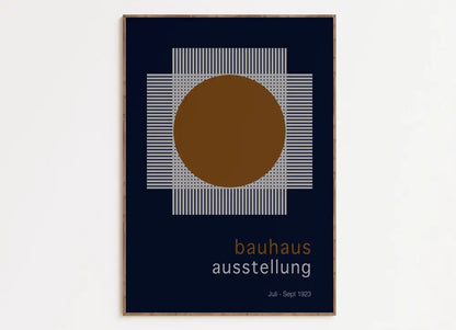 Minimalist decorbites bauhaus geometric canvas print with bold brown circle and white grid on navy background for home decor