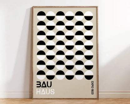 Minimalist DecorBites™ bauhaus geometric canvas prints featuring black and white half-circles on beige background
