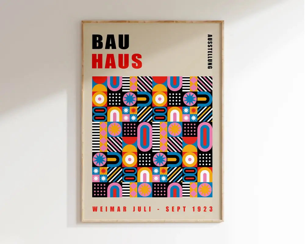 A vibrant decorbites™ bauhaus geometric canvas print with pink blue yellow and black patterns for home decor