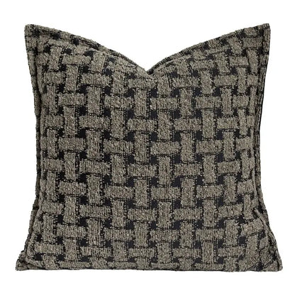Square throw pillow with textured woven pattern in shades of gray and black complementing decorbites caramel color velvet cushion cover