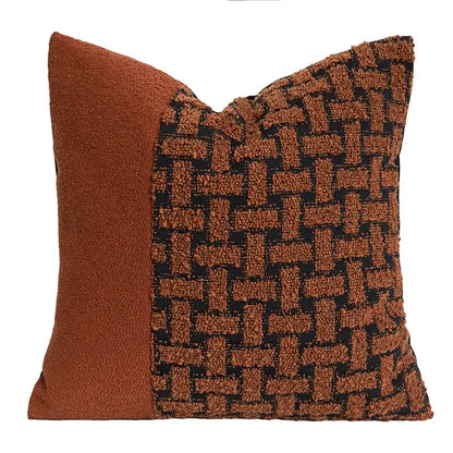 A geometric caramel color velvet cushion cover with rust and black pattern for living room decorbites throw pillow
